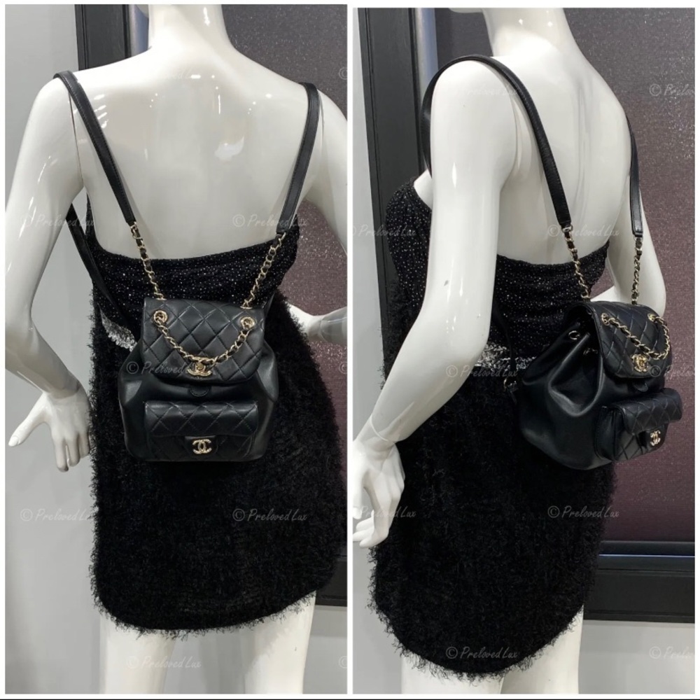 Authentic CHANEL Black lambskin Mini Duma Drawstring Backpack / Gold Hardware - Picture 11 of 12